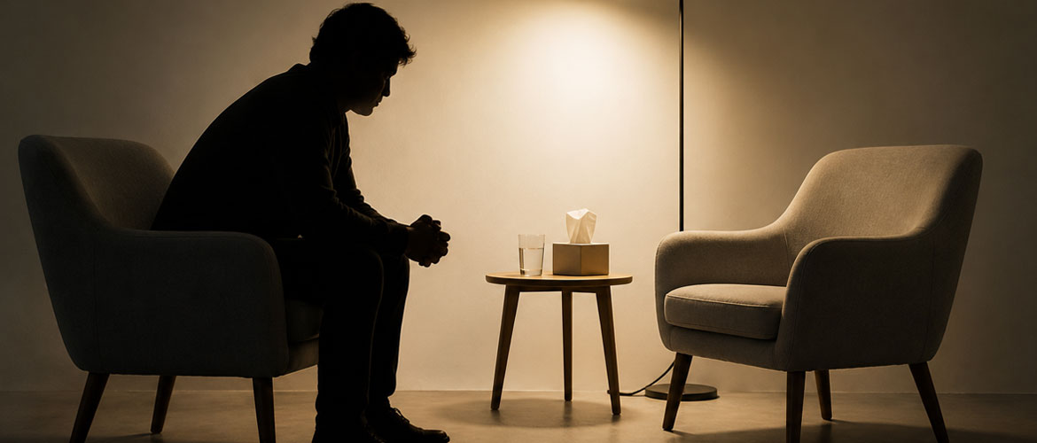 Un homme, tapi dans l'ombre, devant une chaise vide