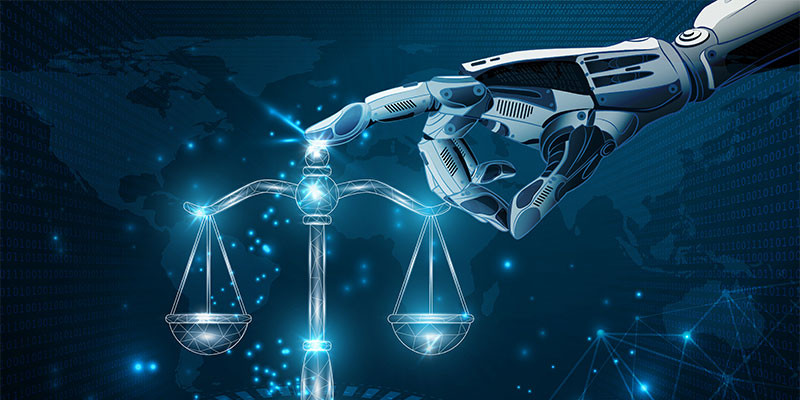 Une main robotique pointant vers une balance représentant la justice