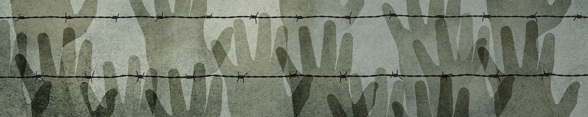Plusieurs mains tendues vers l'avant derrière un fil barbelé, évoquant un sentiment d'emprisonnement, de restriction ou de quête de liberté.